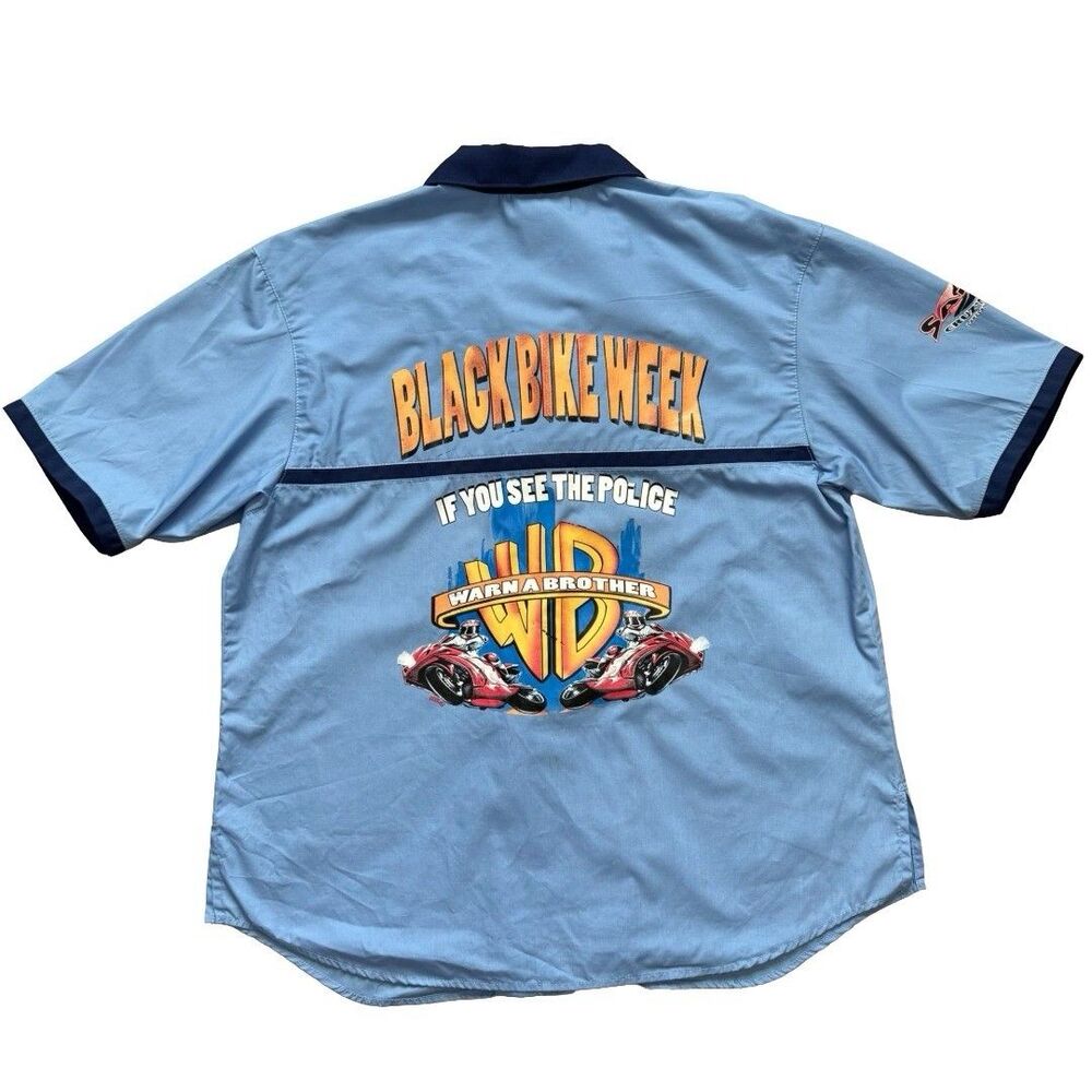 Black Bike Week Daytona Beach 75th Anni Warn A Brother Button-Up Shirt XL Blue